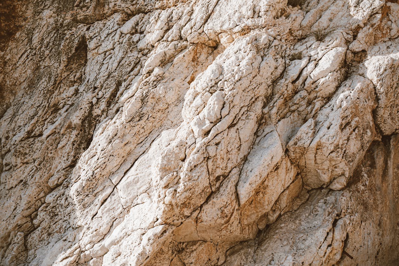 Close-up view of a rugged limestone surface showcasing natural textures and earthy tones.
